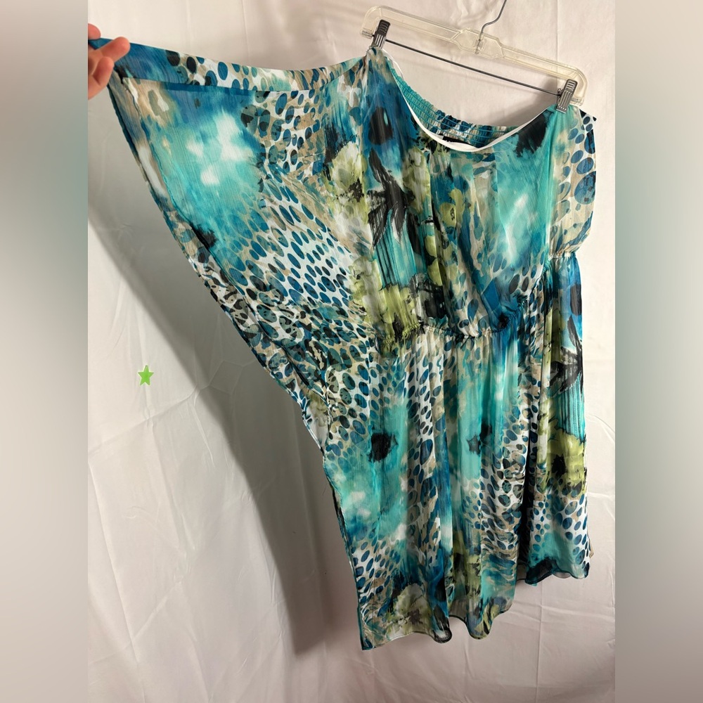 Turquoise Floral Abstract One Shoulder Flowy Boho Beach Goddess Dress Size L-XL - Picture 9 of 13